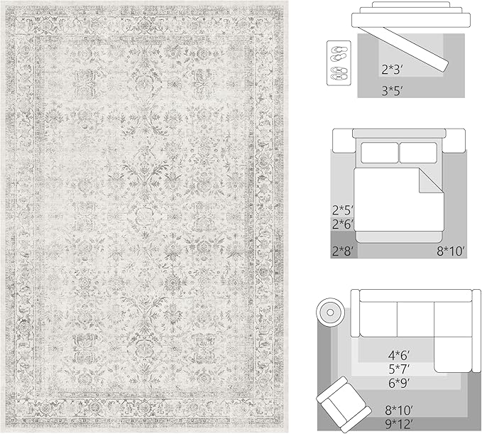 FMFUNCTEX 2x6 Runner Rug Grey Vintage Neutral Washable Distressed Non Slip Low Pile Indoor Carpet Soft Retro Floral Hallway Entryway Rug for Kitchen Living Room Bedroom Bathroom Laundry Entry Bedside