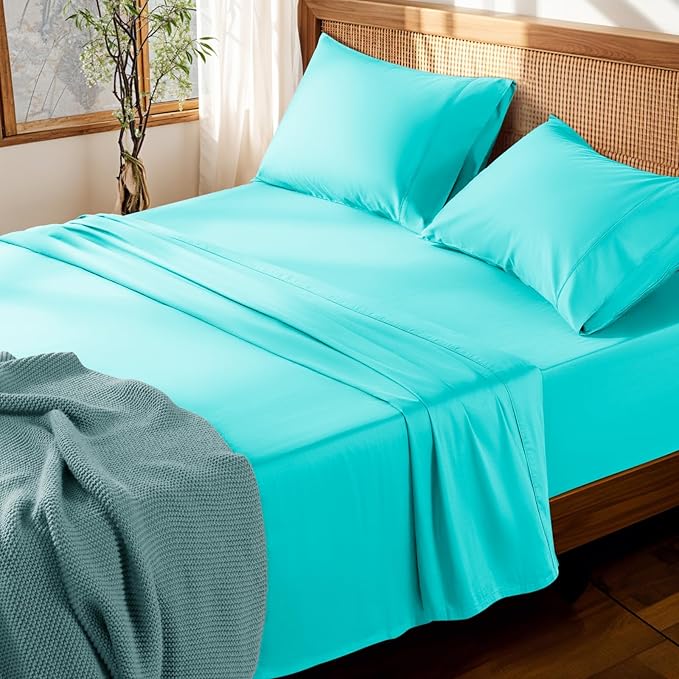 LBRO2M 100% Cotton Sheets Set Deep Pocket 19", 1000 Thread Count Full Size 4 Piece Bed Sheet Sets Soft Comfortable Bedding All Season (Full, Lake Green)