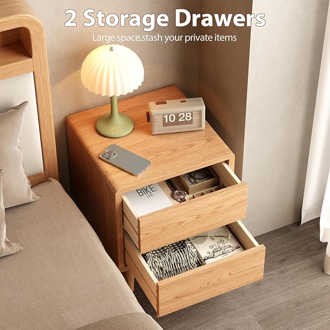 Solid Wood Nightstand Natural Night Stand with Drawers Mid Century Modern Nightstand with Storage,Wood Night Stand,Small Bedside Table for Bedroom,Living Room,Office,Natural Bedside Table