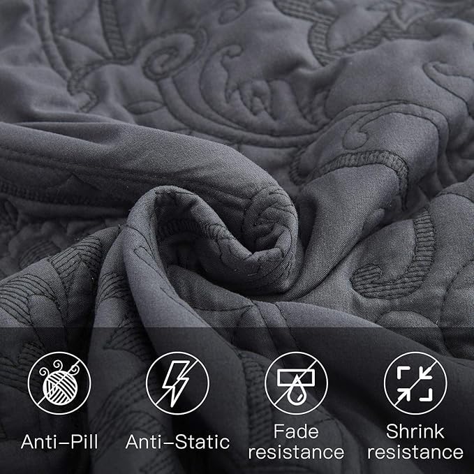 CHIXIN Bedspread Coverlet Quilt Set Full Size - Lightweight Bedding Cover - Beautiful Stitching - 5 Piece Reversible Bedspread - Gorgeous Damask Paisley Pattern (Full, Dark Grey)
