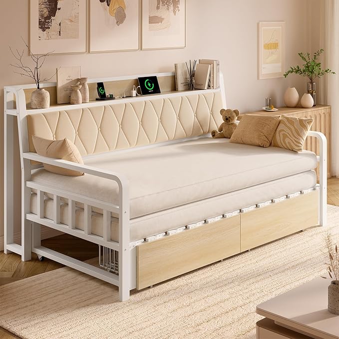 ONBRILL Twin Daybed with Trundle, Twin to King Daybed with Pop up Trundle, Metal Twin Day Bed Frame with Storage Drawers, Upholstered Headboard & Power Outlet for Living Room & Guest Room, White
