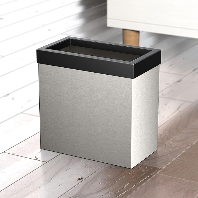 Gatco Modern Rectangle Wastebasket, Satin Nickel and Matte Black Combo - Stainless Steel Trash Can with Removable Lid, Leakproof, 3 Gallon Capacity for Bathroom, Bedroom, Kitchen, or Office