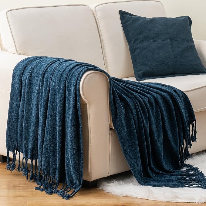 BATTILO HOME Navy Blue Chenille Throw Blanket for Couch, Bed, Sofa - Soft Cozy Chenille Knitted Throw Blanket with Handmade Fringe Tassels, Lightweight Knit Throw for Home Decor, 50"x60"