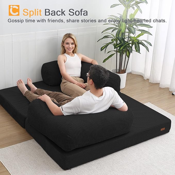 COMAX Folding Sofa Bed Queen 4-in-1 Foldable Floor Couch Convertible Futon Sofa with Armrests Black - Sleeper Mattress Chair Bed Comfy Portable Fold Out Lounge Guest for Living Room Bedroom