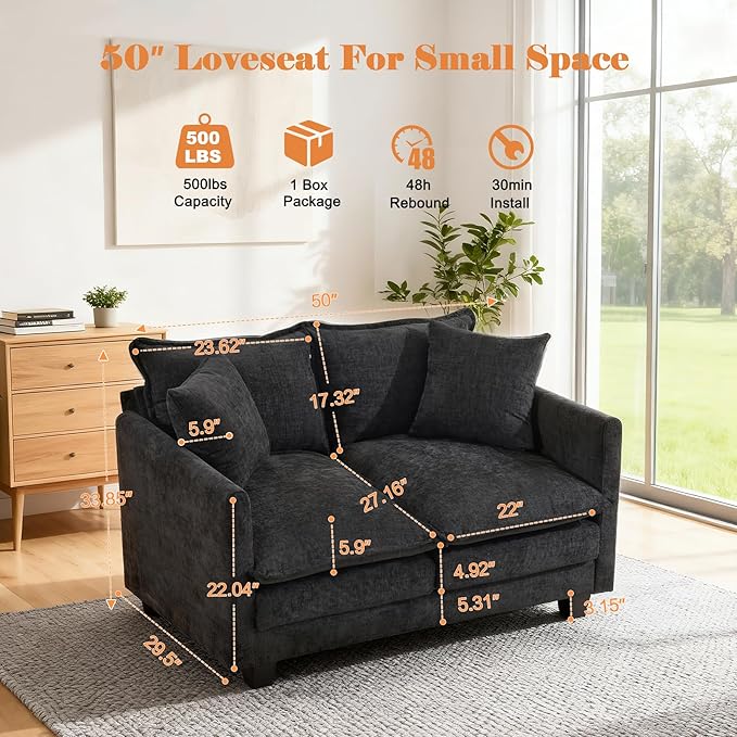 Loveseat Sofa Cloud Sofa Couch 50'', Modern Loveseats 2 Seat Couch 27" Deep Seat with 2 Pillows for Small Spaces Apartment Studio Office Bedroom Living Room 8834-BLACK