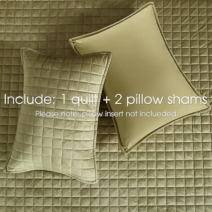 Powdion Velvet Quilt Queen,Luxury Olive Green Quilt Comforter Queen Size 3 Pieces Soft Cozy Oversized Bedspreads Coverlet for All Seasons with 2 Pillow Shams,90x90 Shabby Chic Green Quilt Set