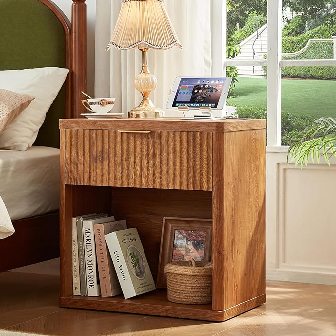 LEYAOYAO 48" Wide Fluted Dresser and 1 Drawers 23" Nightstand Set of 2, Wooden Dresser & Night Stand with Charging Station, 3 Piece Bedroom Furniture Set, Chest of Drawer for Living Room,Brown