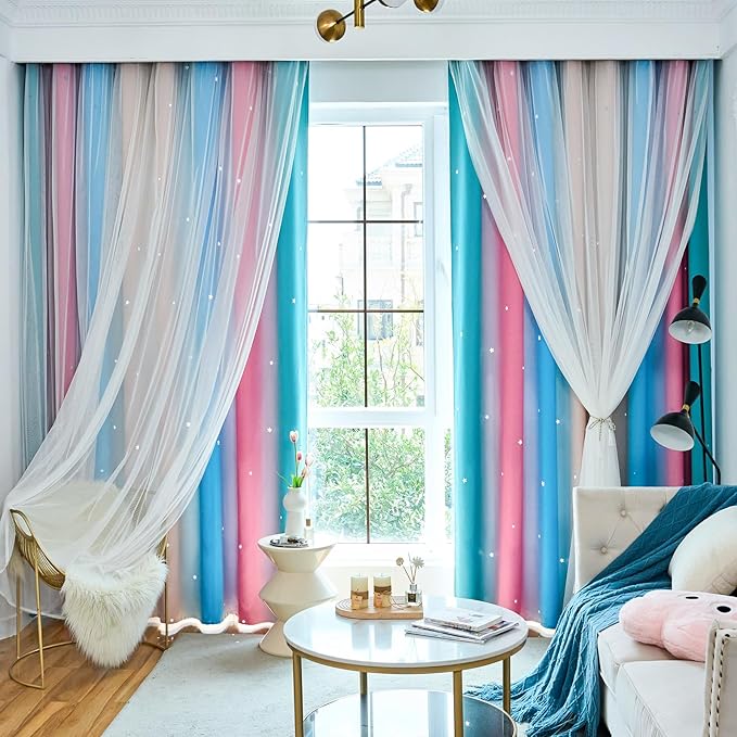 Star Blackout Curtains for Bedroom - Cute Kids Rainbow Curtains, 72 Inch Long 2 Panels, Beige, Blue & Pink