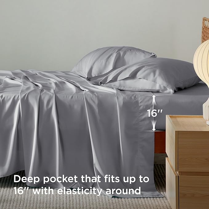Bedsure Cooling Sheets Twin, Rayon Derived from Bamboo, Cooling Sheets, Breathable & Soft, Deep Pocket Up to 16 Inches, Hotel Luxury Silky Bedding for Hot Sleepers, Silver Grey