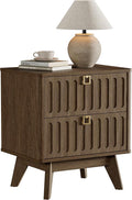 SICOTAS Modern Fluted Nightstand with 2 Drawers, 21" Wide Wood Bedside Table with Gold Handle, Mid-Century End Table for Bedroom, Apartment