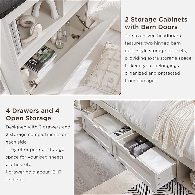 ACCOHOHO King Bed Frame Farmhouse with 52" Storage Bookcase Headboard, 4 Drawers Wooden Bed Frame, LED Light, Charging Station - White