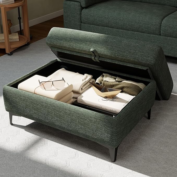 35" Large Storage Ottoman for Living Room, 7.8" Deep Seat Rectangular Ottoman Foot Rest for Couch, Chenille Storage Footstool Load 350 lb （Green）