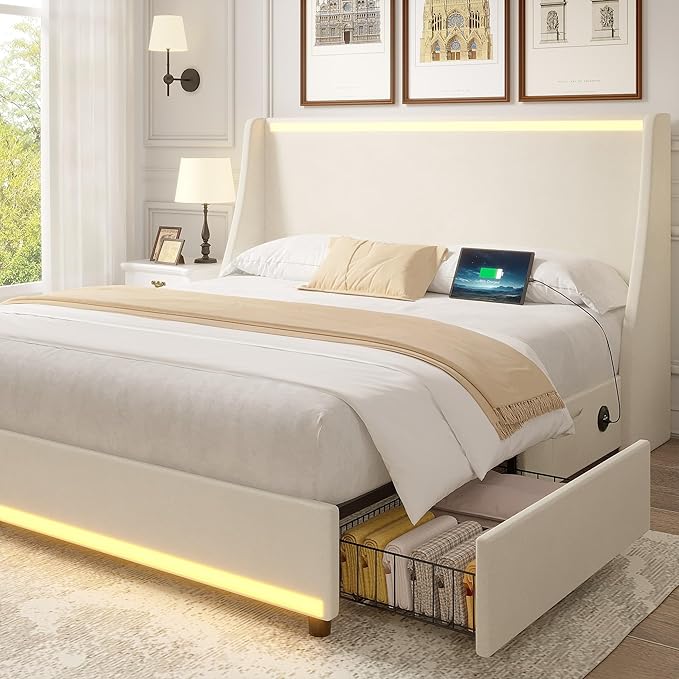 VECELO Queen Size Bed Frame with Storage Drawers, Upholstered Platform Bedframe with Wingback Headboard, No Box Spring Needed, Beige