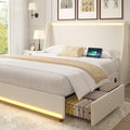 VECELO Queen Size Bed Frame with Storage Drawers, Upholstered Platform Bedframe with Wingback Headboard, No Box Spring Needed, Beige