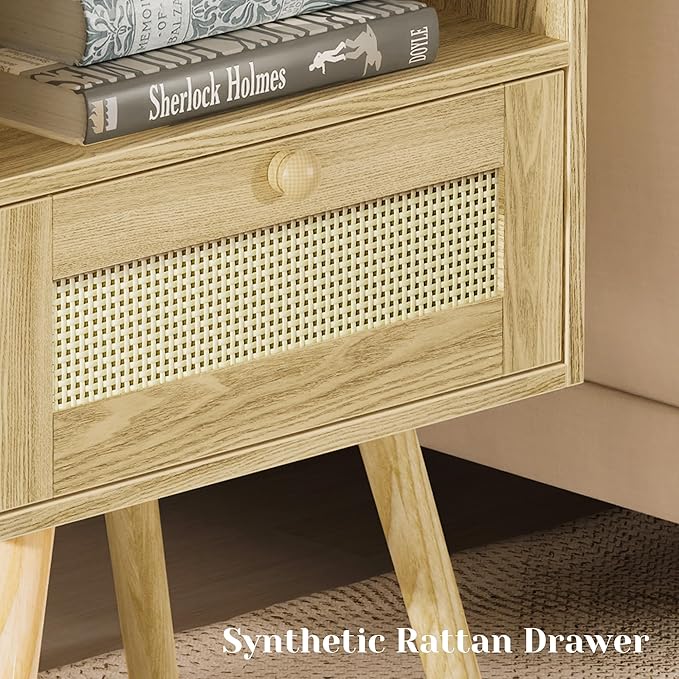 SUPERJARE Nightstands Set of 2, Night Stands with Charging Station & PE Rattan Decor Drawer, Bed Side Tables with Solid Wood Feet, End Table, for Bedroom, Living Room - Natural