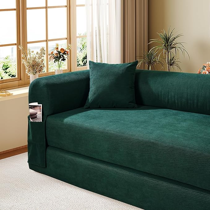 Convertible Futon Sofa Bed,80" Folding Pull Out Couch Bed with Storage,Queen Sleeper Sofa Bed,Compressed Couch in a Box,Corduroy Boneless Couches for Living Room,Deep Green
