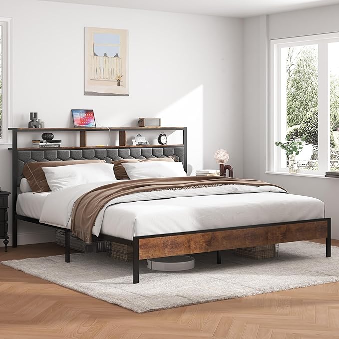 Queen Size Bed Frame with Storage Headboard & Charging Station, Platform Bedframe with LED Lights, Upholstered Headboard, Metal Slat Support, No Box Spring Needed