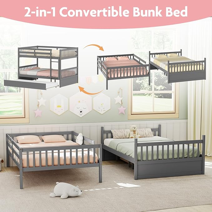 KOMFOTT Wood Full Over Full Bunk Bed with Trundle, Wooden Bed Frame with Ladder, Solid Wood Frame & Safety Guardrails, Space-Saving Bunk Bed for Teens & Adults, No Box Spring Needed