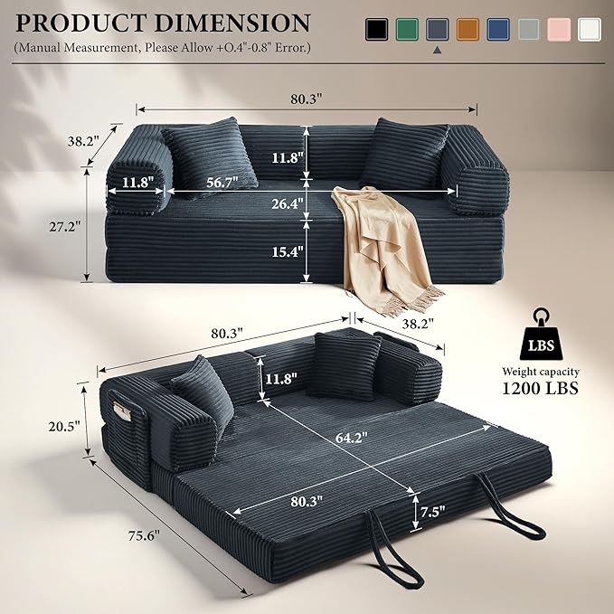 Boneless Couch Folding Couches for Living Room Sofa, Futon Sofa Bed with Sleeper Sofa, Futon Couch with Fixed-Shape Oversized Corduroy Upholstered (Dark Gray, 81 Inches)