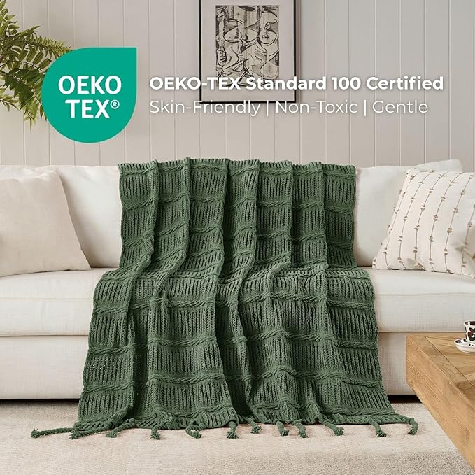Boho Knitted Chenille Blanket with Tassels - Lightweight & Soft All-Season Throw - 3D Classic Pattern for Living Room Bedroom Couch, Imperial Green, Twin 60"x80"