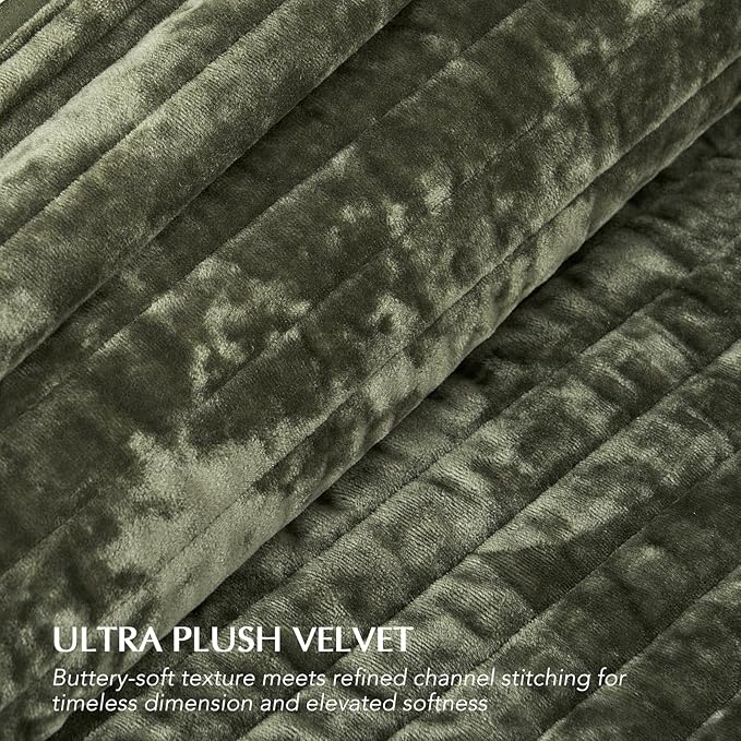EVERGRACE Velvet Quilt Set California King 118'' x 106'', Luxurious Soft Striped Channel Bedding Set, Lightweight Velvet Comforter for All Season, Oversized Bedspread Coverlet w/ 2 Shams, Olive Green