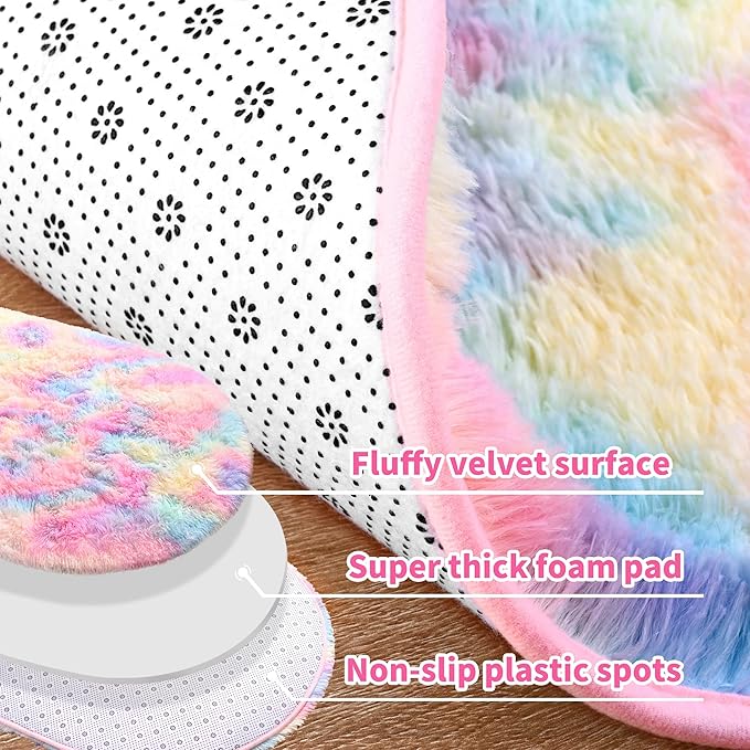 Noahas Fluffy Rainbow Rugs for Bedroom Girls,2'X5' Oval Throw Rug for Kids Room,Shag Hallway Runner Rug,Small Soft Shaggy Bedside Non-Slip Plush Nursery Dorm Carpet Home Decor