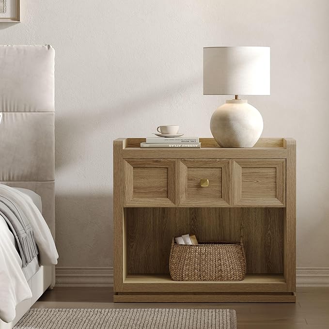 SICOTAS Night Stand Set 2, 26" Wide Nightstands with Drawer, Large Queen Size Nightstands Set of 2, Modern Bedside Table for Bedroom, Side End Table (Brown Oak, 26-Inch)