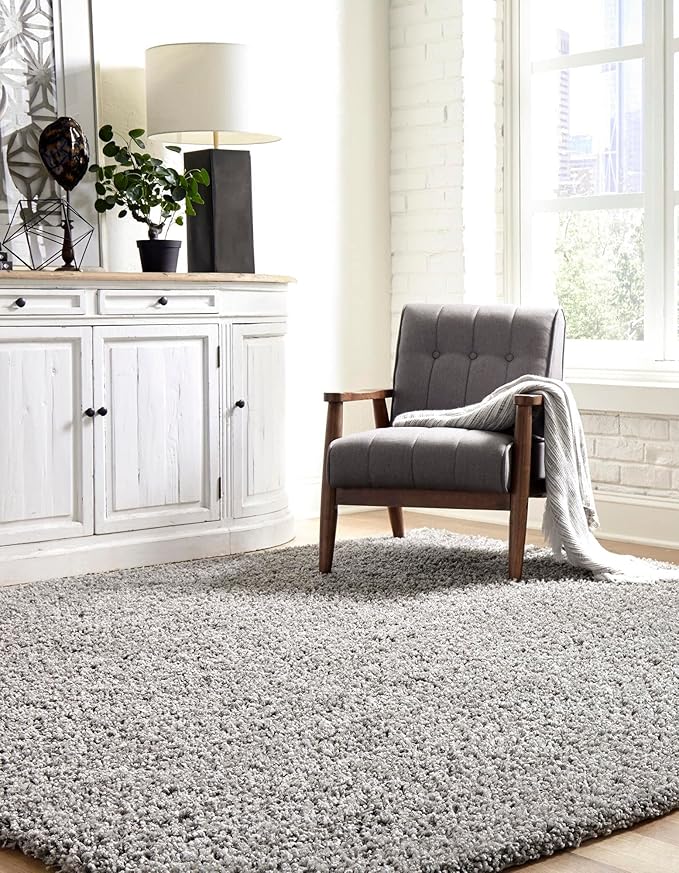 Unique Loom Solid Shag Collection Area Rug (3' 3" Square, Cloud Gray)