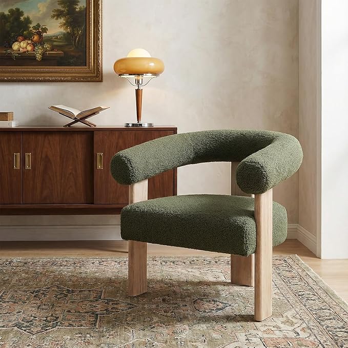 VKNOW Accent Chair Living Room Chair, Modern Upholstered Arm Chair with Solid Wood Legs, Comfy Barrel Accent Chair for Living Room, Bedroom, Green