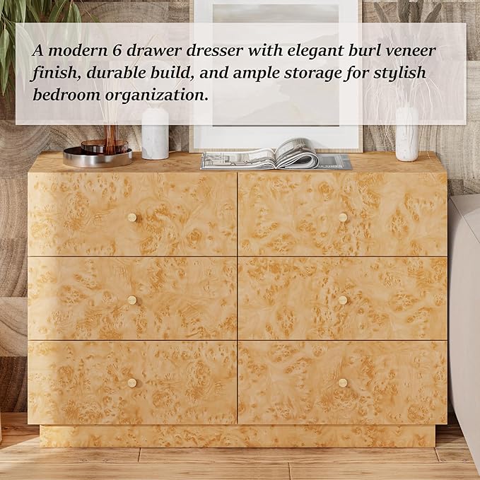 Modern 6 Drawer Dresser Set of 2 with Burl Finish, Wide Wood Chest of Drawers Clothes Organizer, Stylish Large Storage Cabinet for Bedroom or Entryway