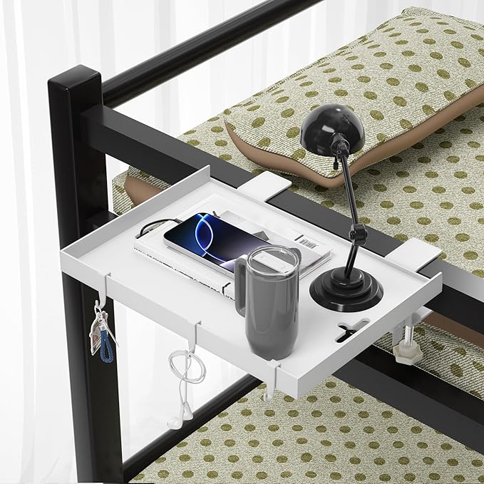 Foldable Bedside Shelf, Metal Clip-On Bed Tray Table for Bunk Bed & Dorm Beds, Dorm Room Essentials Organizer for College Students, Floating Tray, Space Saving Nightstand for Loft Beds (White, Small)