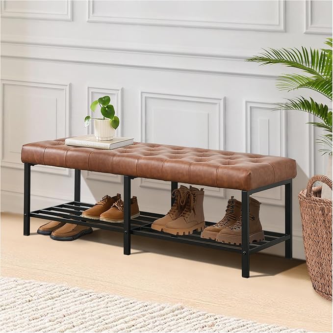 55.5" End of Bed Bench, Modern Leather Button Tufted Bedroom Bench, Upholstered Storage Shoe Bench with Metal Base, Dinning Table Bench for Living Room, Bedroom, Entryway,Brown