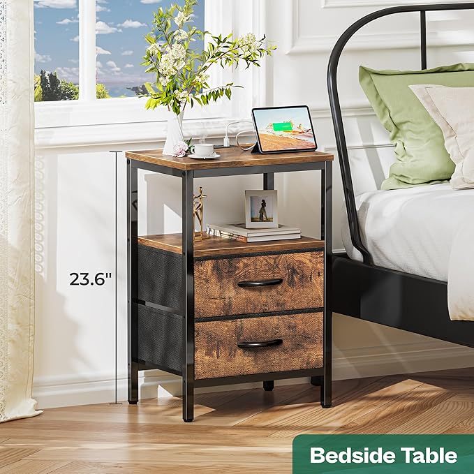 Huuger Nightstands Set of 2, End Tables with Charging Station, Fabric Drawers, Bedside Tables with USB Ports and Outlets, Night Stands for Bedroom, Rustic Brown