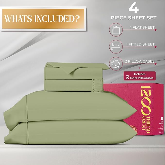 Mayfair Linen 100% Egyptian Cotton Sheets King Size - Luxury 1200 High Thread Count Egyptian Cotton King Size Sheets Set (4 PC, Sage Green), Soft, Cooling, 17" Deep Pocket Sateen Weave Hotel Bedding
