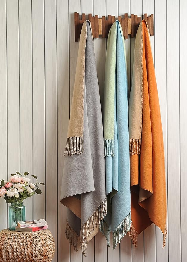 EP Mode Reversible Fringed Mulberry Silk Throw Blanket for Sofa (Light Grey/Beige)