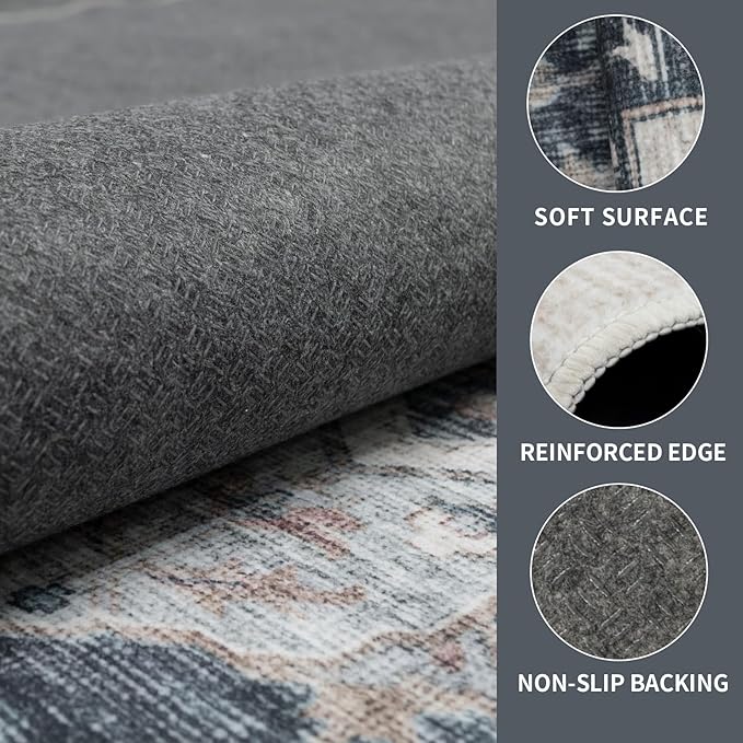 5x7 Vintage Washable Area Rug for Living Room,Low Pile Non Slip Carpet Non-Shedding Area Rug Soft Indoor Stain Resistant Rug Floral Print Mat for Bedroom Dining Room Blue Beige