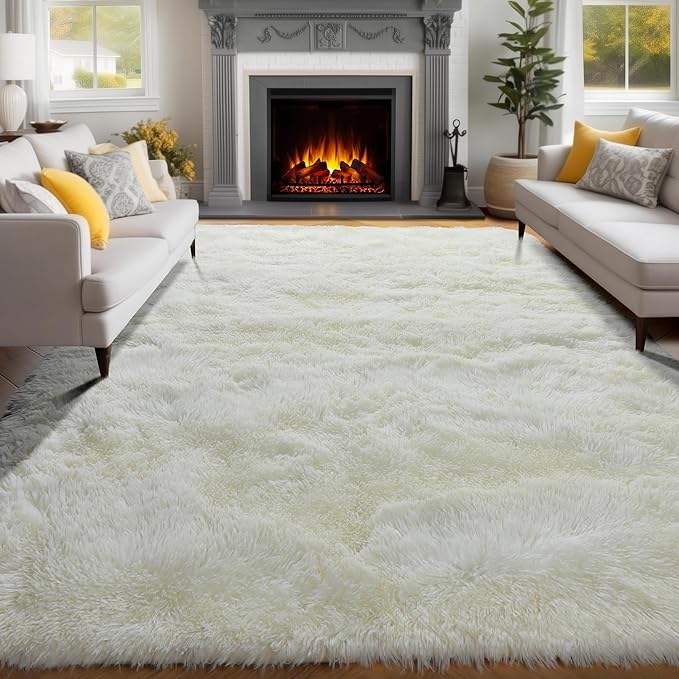 PAGISOFE White Fluffy Shag Machine Washable Area Rugs for Living Room 5x7 Ft,Cream White Soft Shaggy Rugs for Bedroom,Office Ivory Carpet Boys Girls Dorm Pastel Rug for Kids Room Home Decor Aesthetic