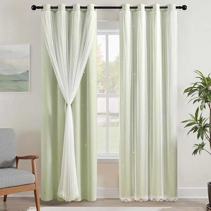 XiDi Green Curtains for Bedroom, Girls Room Blackout Curtains, Kids Room Darkening Curtains, Light Green Decor, 1 Panel Sage Green/52/63/1