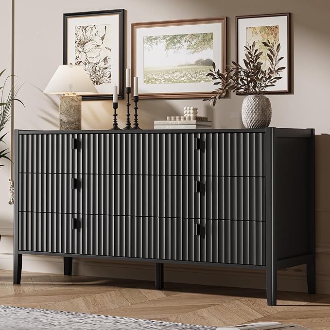 Black 6 Drawer Dresser for Bedroom, Modern Wood Dresser, Fluted Design Double Chest of Drawers with Wood Legs, TV Stand Storage Cabinet for Bedroom, Living Rooms, Offices, and Entryways