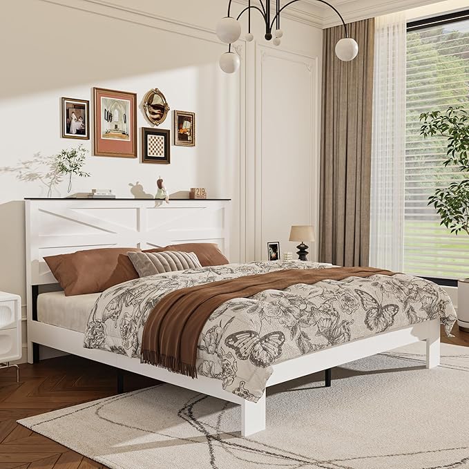 King Size Farmhouse Wooden Bed Frame with Headboard, Boho Platform Bedframe Sturdy Metal Slats Support, Spring Needed, Noisy Free, Easy Assembly (King, White)