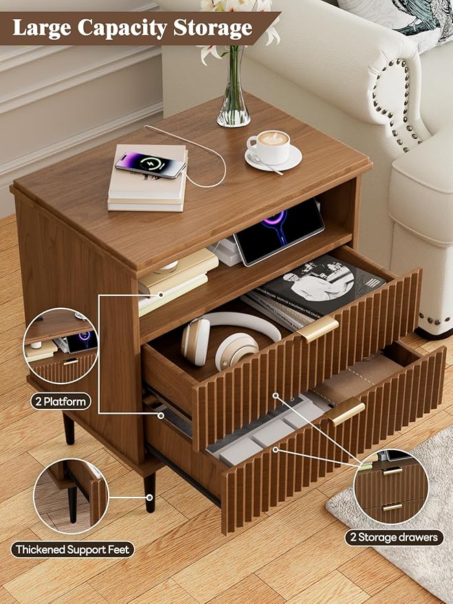 Nightstand with Charging Station, Wide Fluted Nightstand, Wood for Bedroom, Black Dresser with Storage Drawers, Bedside Table with Metal Handle & Leg (Walnut Set of 2, 23.3)
