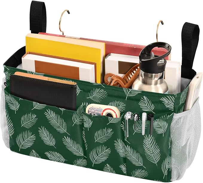Bedside Caddy Hanging Bunk Bed Caddy Bed Organizer Hanging Pocket with 2 Hooks Bedside Storage Organizer Pocket Bag Holder Green Simple Palm Leaf