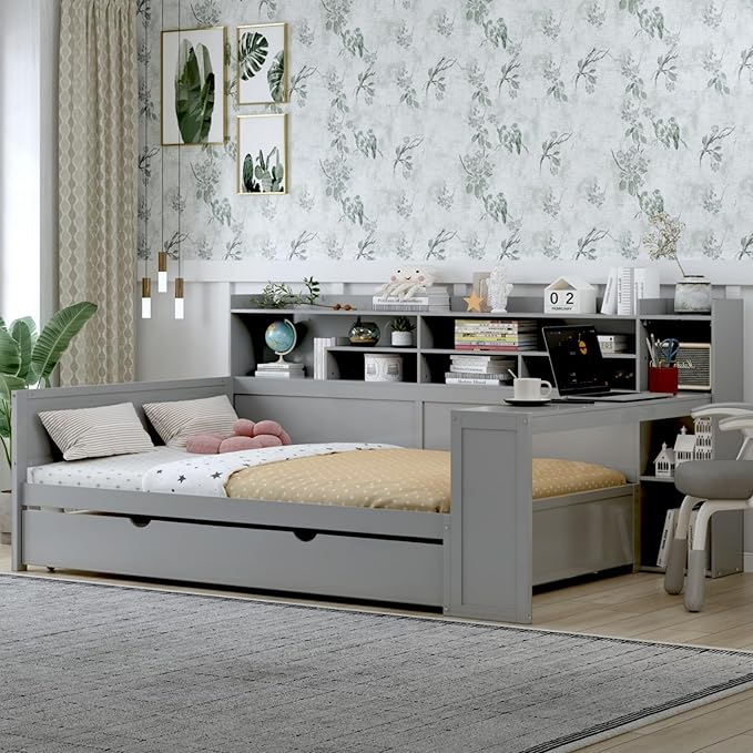 Merax Full Size Corner Bed Frames with Desk and Trundle & Storage Shelves Headboard, Pinewood U-Shaped Captain Daybed for Small Room, Bedroom, Guest Room, Kids' Room, Grey
