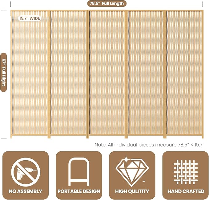5 Panel Room Divider and Extra Wide Folding Privacy Screen, 79" W x 67" H, Bamboo Room Divider for Room Separation.