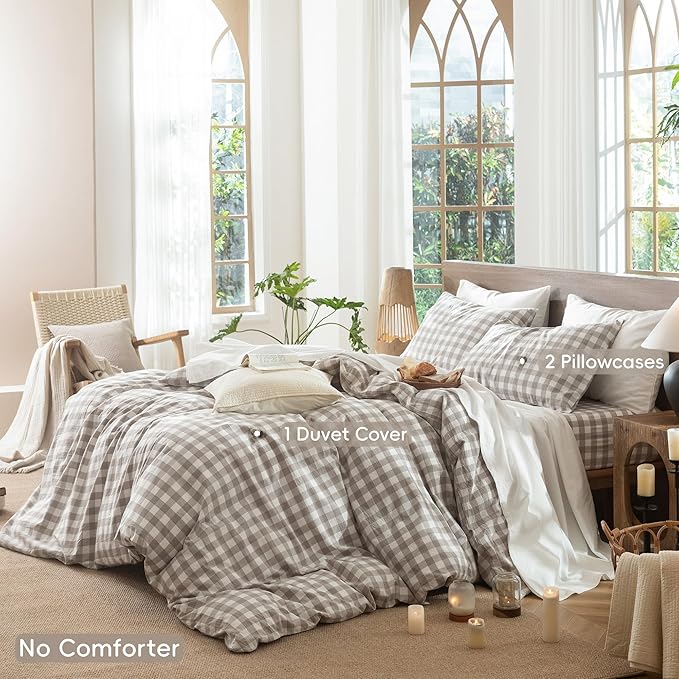 MooMee Gingham Duvet Cover Set 100% Washed Cotton Linen Like Textured Breathable Durable Soft Comfy Modern Checkered Design (Buffalo Plaid Tannish Linen Grey, Full 80"x90")