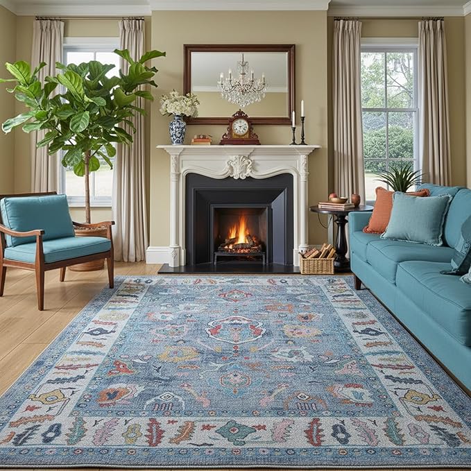 Fame Rugs Blue Modern Oushak Rug 6x9, Vintage Turkish Colorful Oriental Antique Inspired Washable Large Area Rugs, Luxury Living Room Bedroom (381LB, 6' x 9')