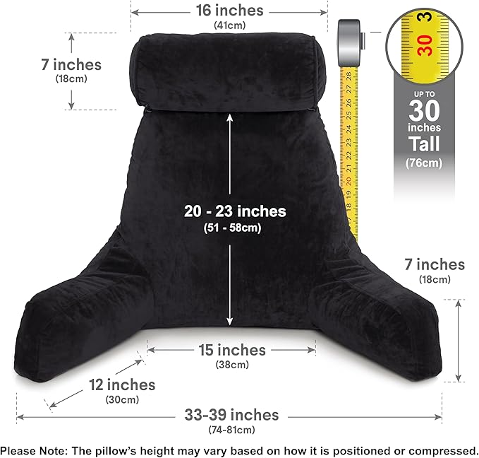 Husband Pillow XXL - Reading Pillow Bed Chair with Arms & Back Support - Black - Back Pillow for Bed Sitting Up - BedRest Arm Pillow - Comfy Reading Pillow for Adults