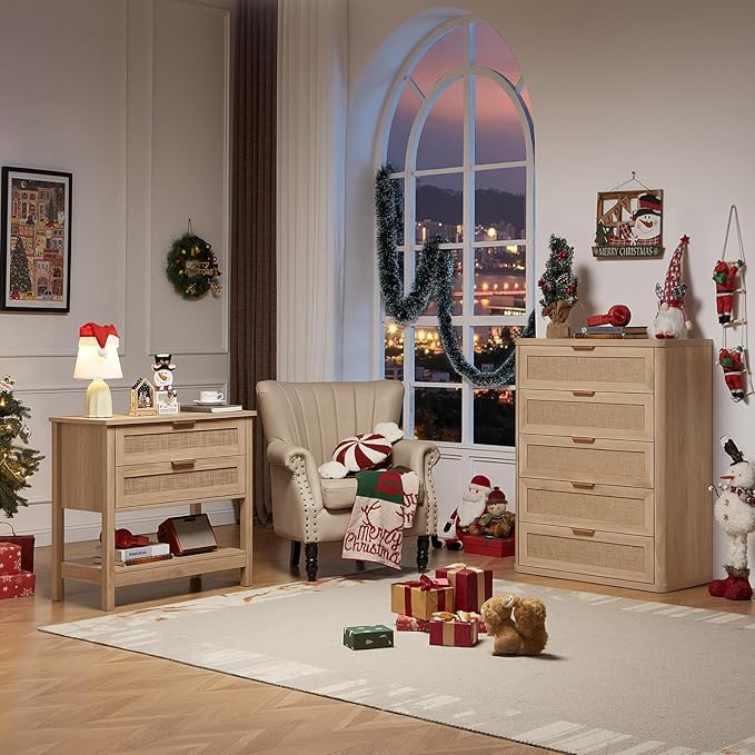 LEYAOYAO 31.5" Wide Rattan Night Stand, Oversized Large Boho Nightstand with 2 Drawer, Natural Wood Bed Side End Tables with Storage Shelf, Tall Bedside Table for Bedroom Living Room, Hallway
