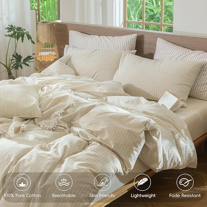 MooMee Striped Duvet Cover Set 100% Washed Cotton Linen Like Textured Breathable Durable Soft Comfy (Almond Milk Grey White Wide Stripes, Oversized Full 82"x86")