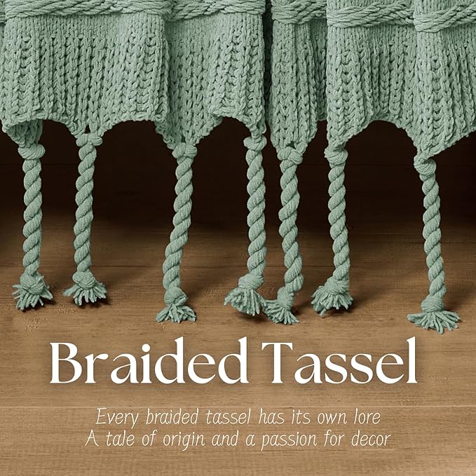 Boho Knitted Chenille Blanket with Tassels - Lightweight & Soft All-Season Throw - 3D Classic Pattern for Living Room Bedroom Couch, Sage Green, Throw 50"x60"